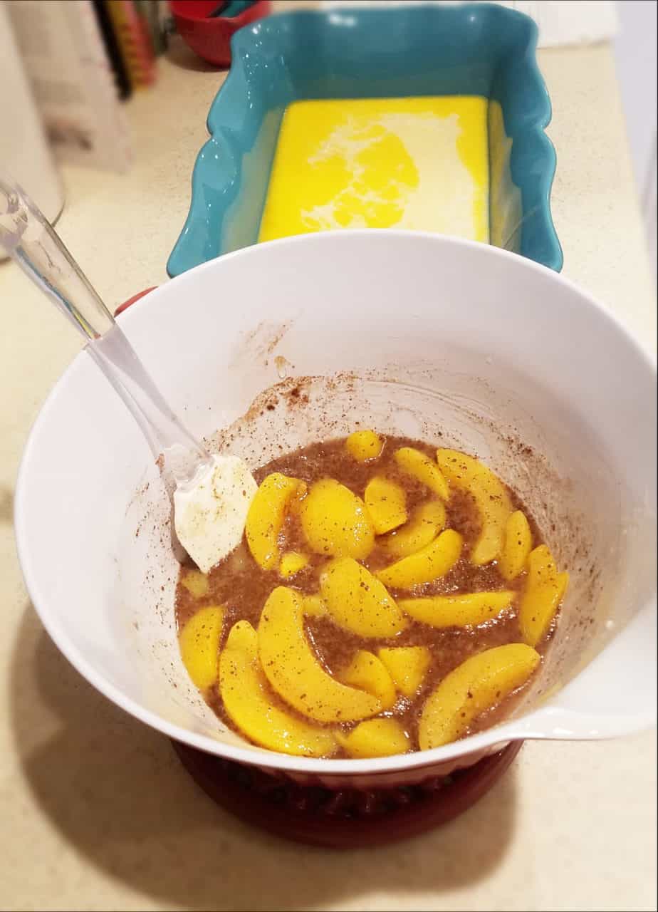 Melted Butter, Peach Cobbler Batter, and the Peaches and Spices. Ready to Go!